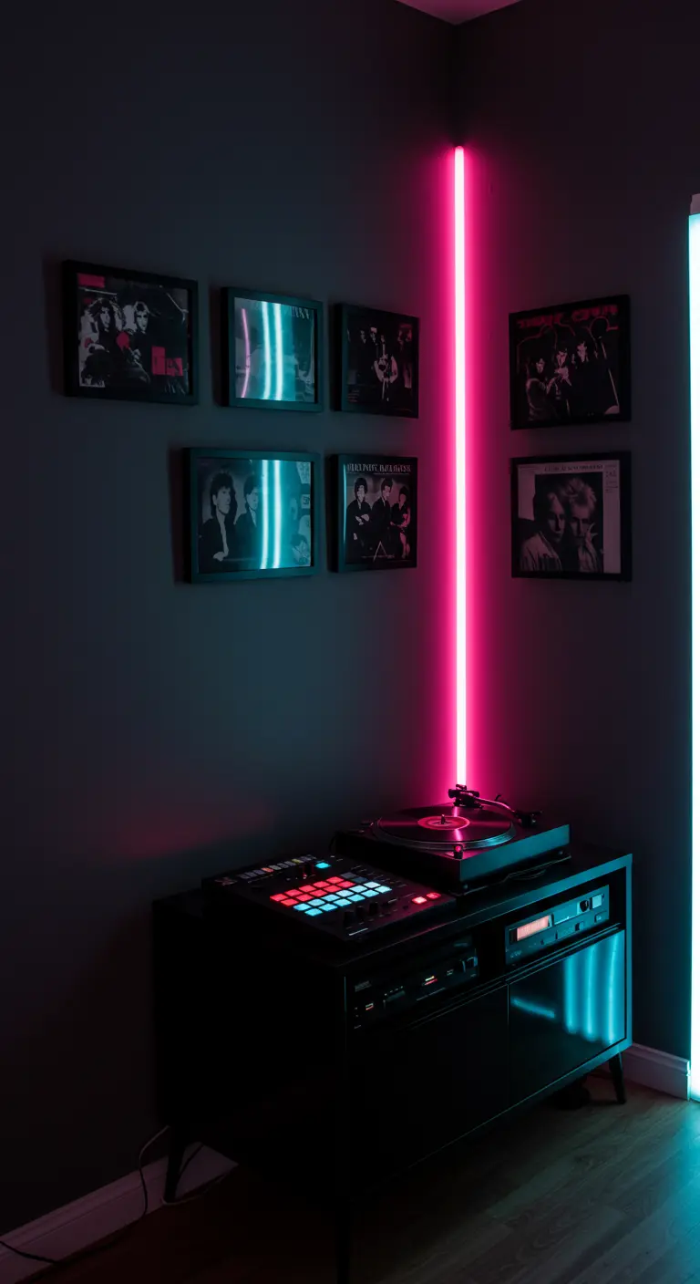 Rincón de música oscuro iluminado por una barra de luz de neón rosa, con vinilos enmarcados en la pared.