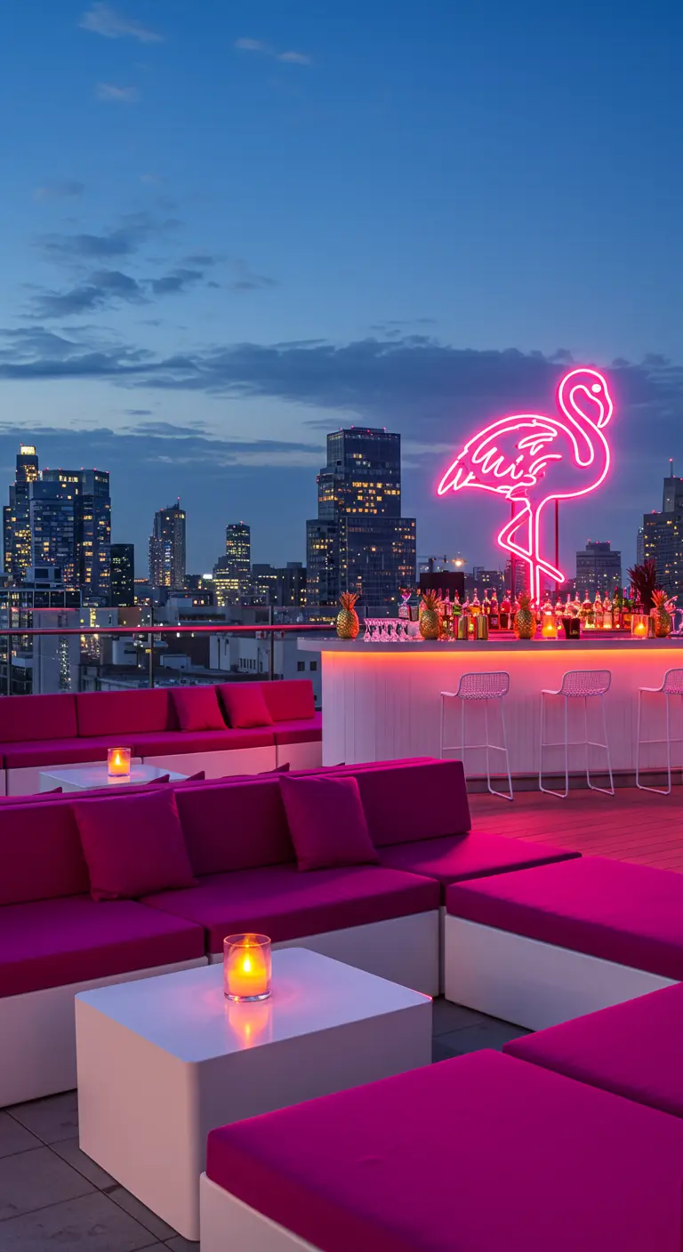 Bar en una azotea con un letrero de neón de flamenco rosa y sofás fucsia.