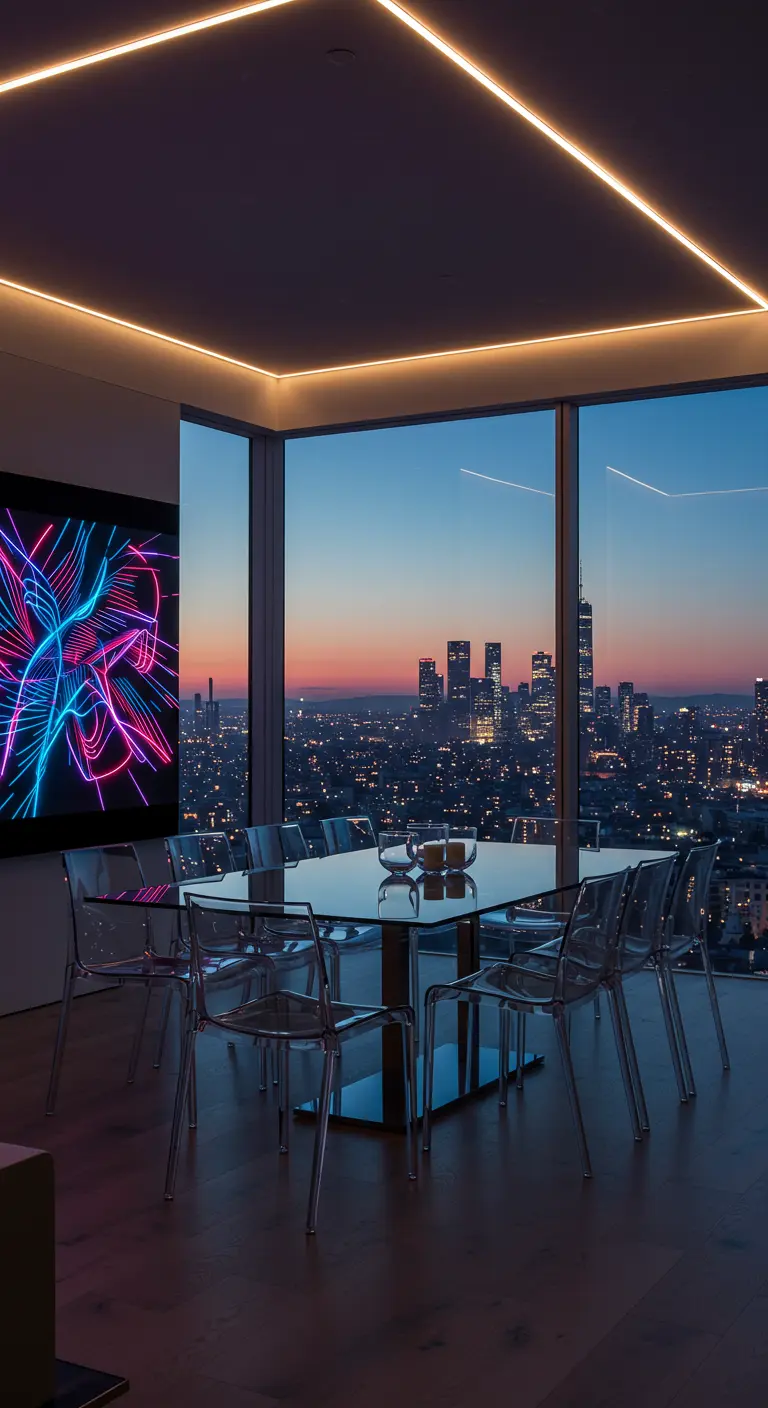 Comedor moderno con vistas a la ciudad, arte de neón y sillas transparentes.