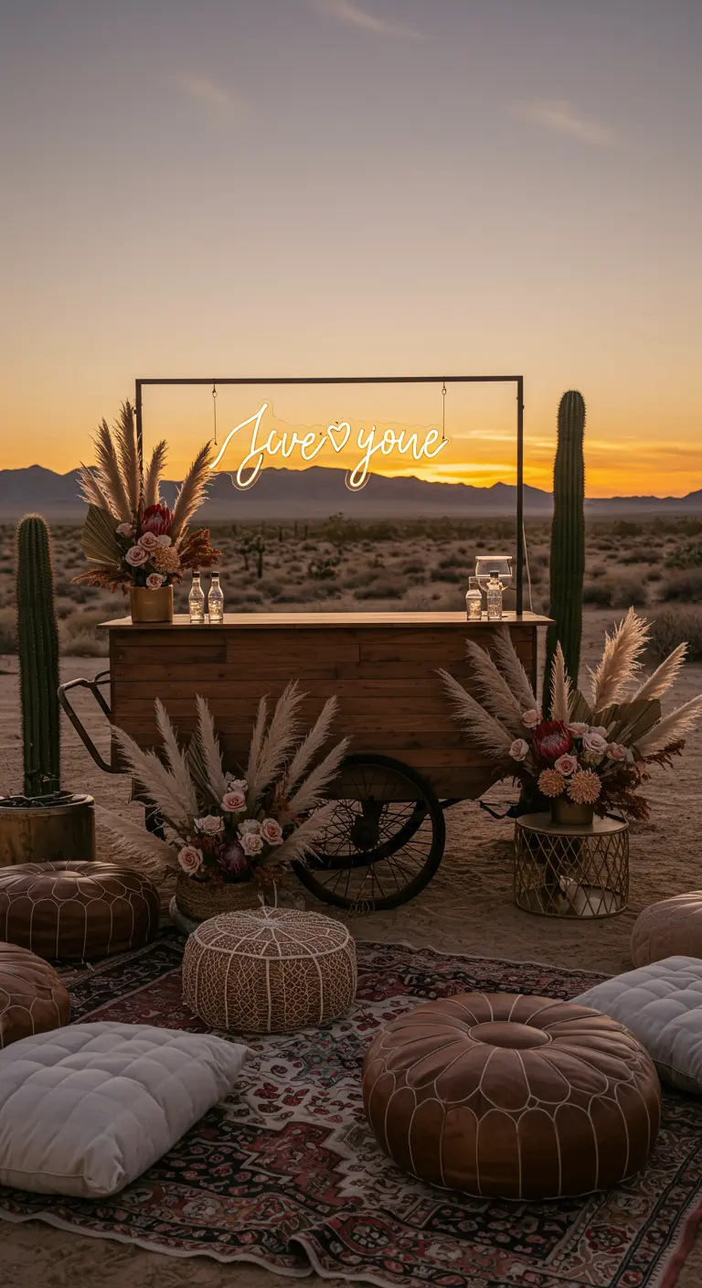 Carrito de bebidas bohemio en el desierto al atardecer, con un letrero de neón y arreglos de pampa.