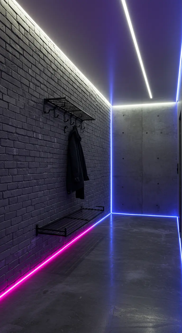 Pasillo oscuro de ladrillo y cemento iluminado con tiras de luces LED de color azul y rosa.