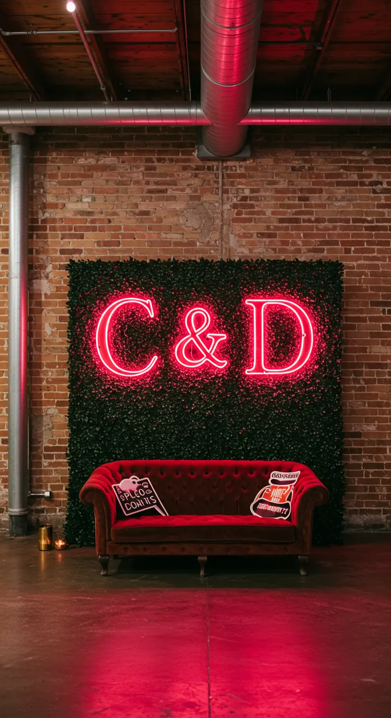 Letrero de neón rojo 'C & D' sobre una pared de vegetación artificial frente a una pared de ladrillo.