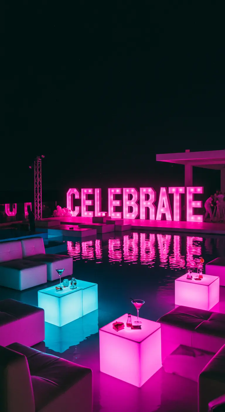 Letras 'CELEBRATE' en neón rosa junto a una piscina por la noche, con muebles iluminados.