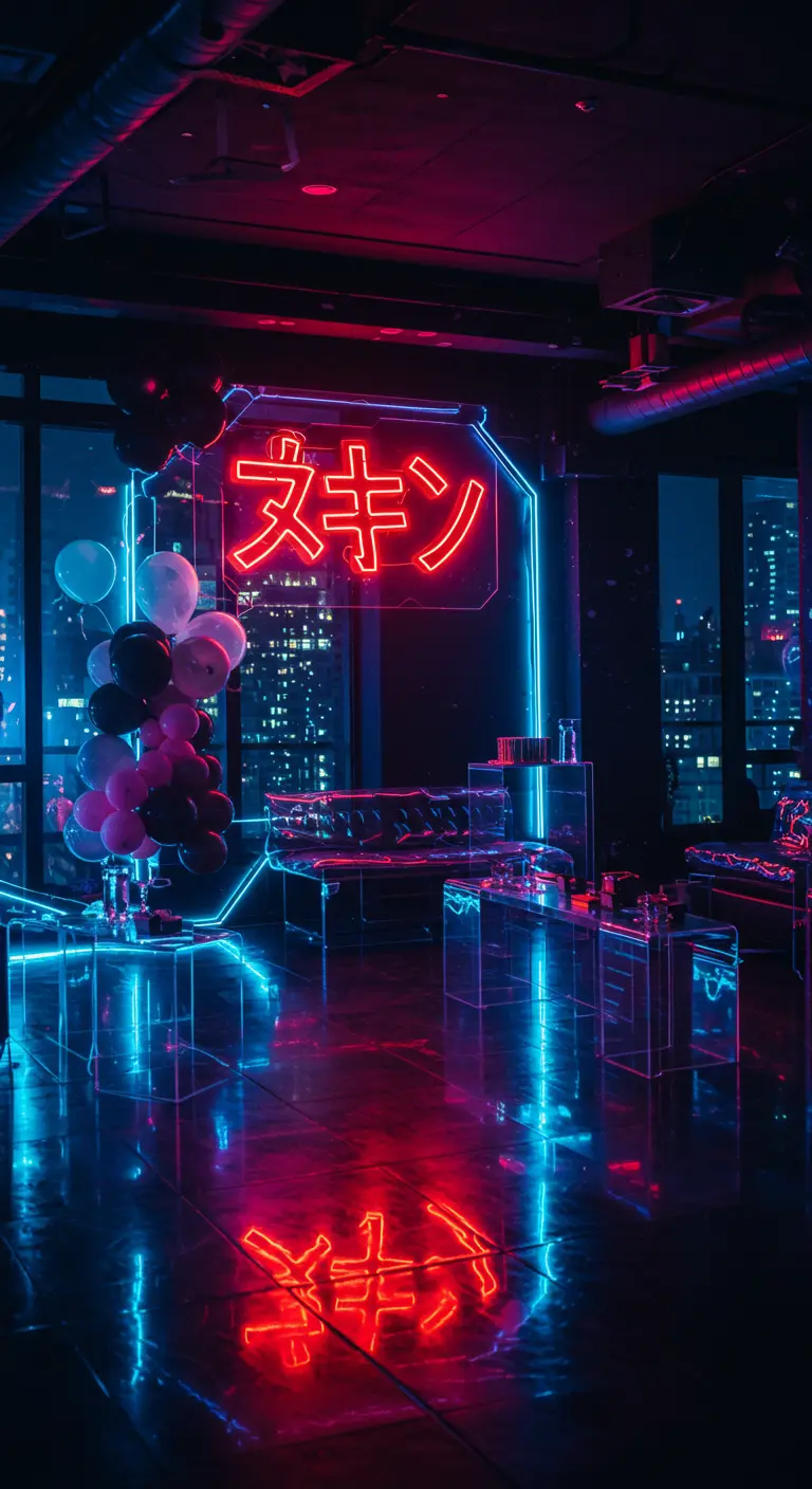 Fiesta de estilo cyberpunk con un letrero de neón con caracteres japoneses y vistas a la ciudad.