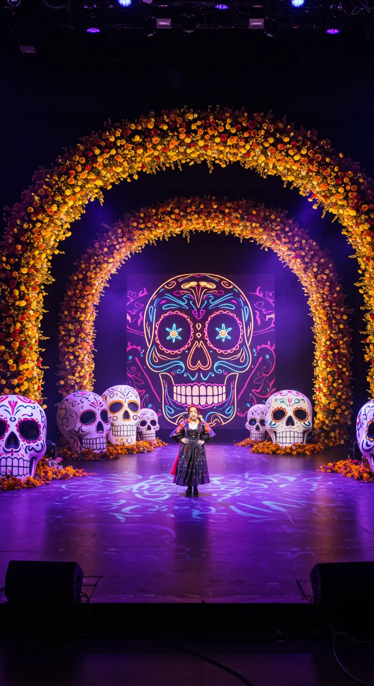 Escenario con un gran letrero de neón en forma de calavera y calaveras gigantes de papel maché.
