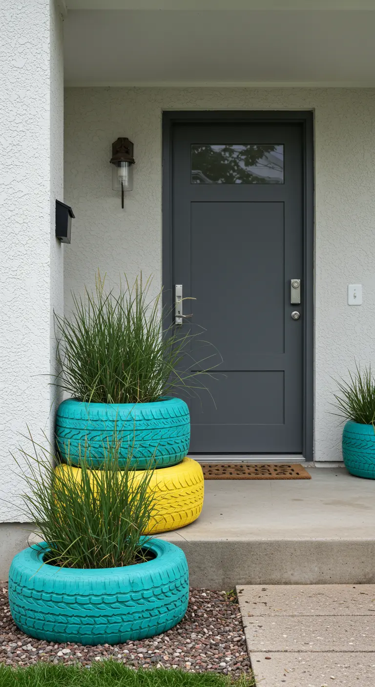 Neumáticos de coche reciclados y pintados de colores vivos, apilados y usados como maceteros urbanos.