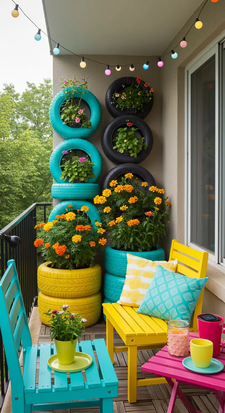 Balcón colorido con jardineras verticales hechas de neumáticos pintados de azul y amarillo.