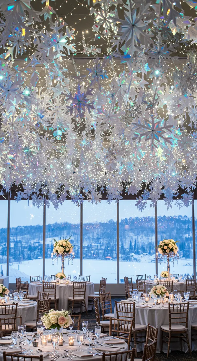 Techo de un salón de bodas cubierto de copos de nieve de papel y luces brillantes.