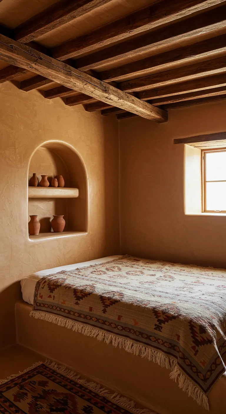 Dormitorio rústico con paredes de adobe, un nicho con vasijas de barro y techo de vigas