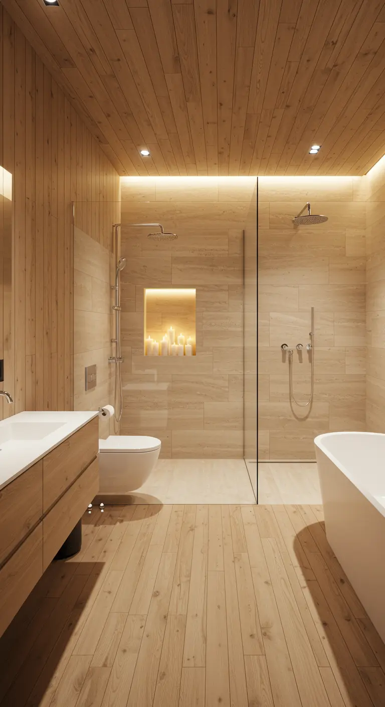 Baño revestido de madera clara con un nicho iluminado lleno de velas junto a la ducha.