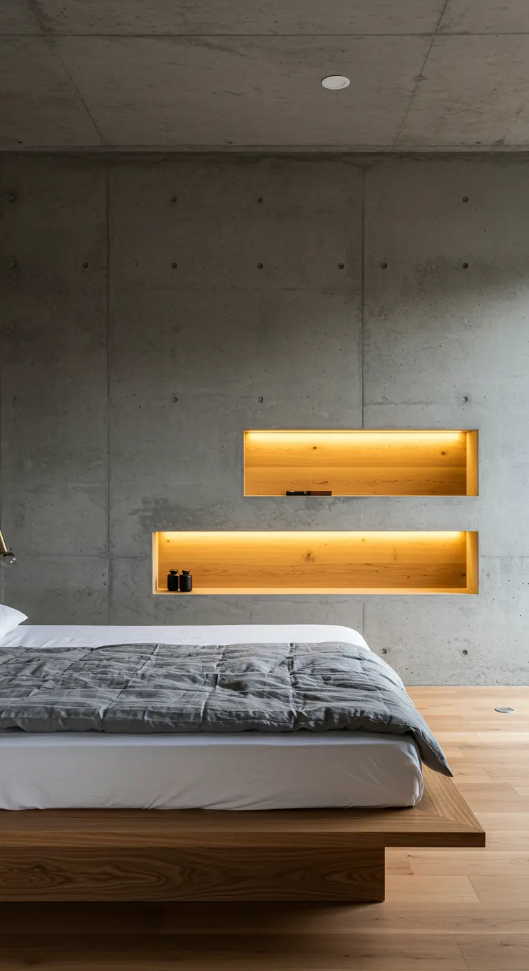 Pared de hormigón con dos nichos de madera iluminados sobre la cama.