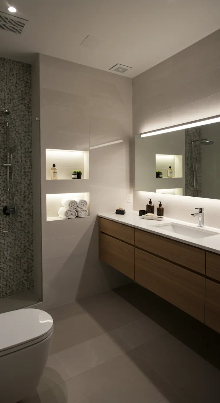 Baño con nichos en la pared retroiluminados para almacenamiento