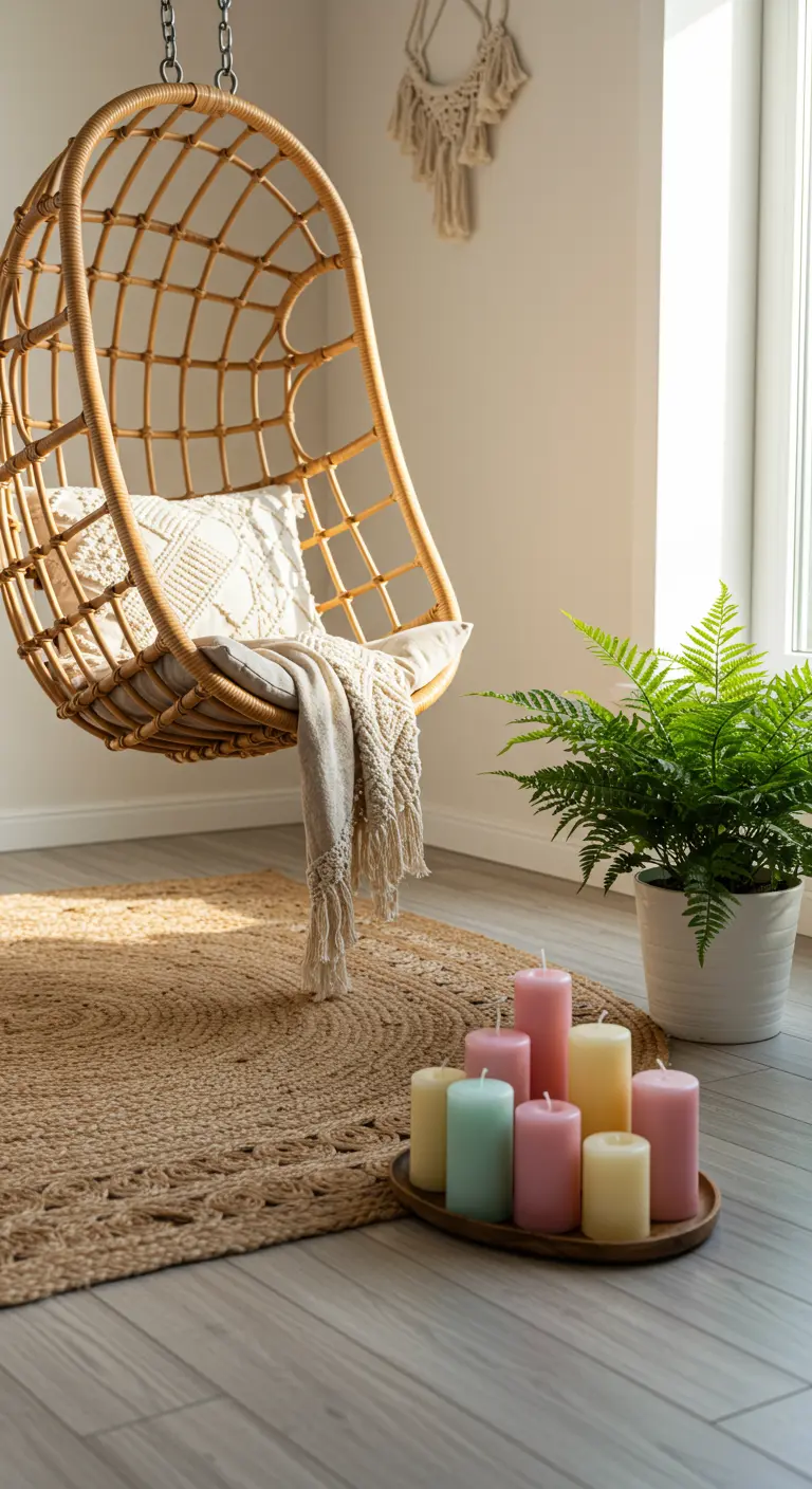 Silla colgante de ratán con cojín, junto a un grupo de velas de colores pastel.
