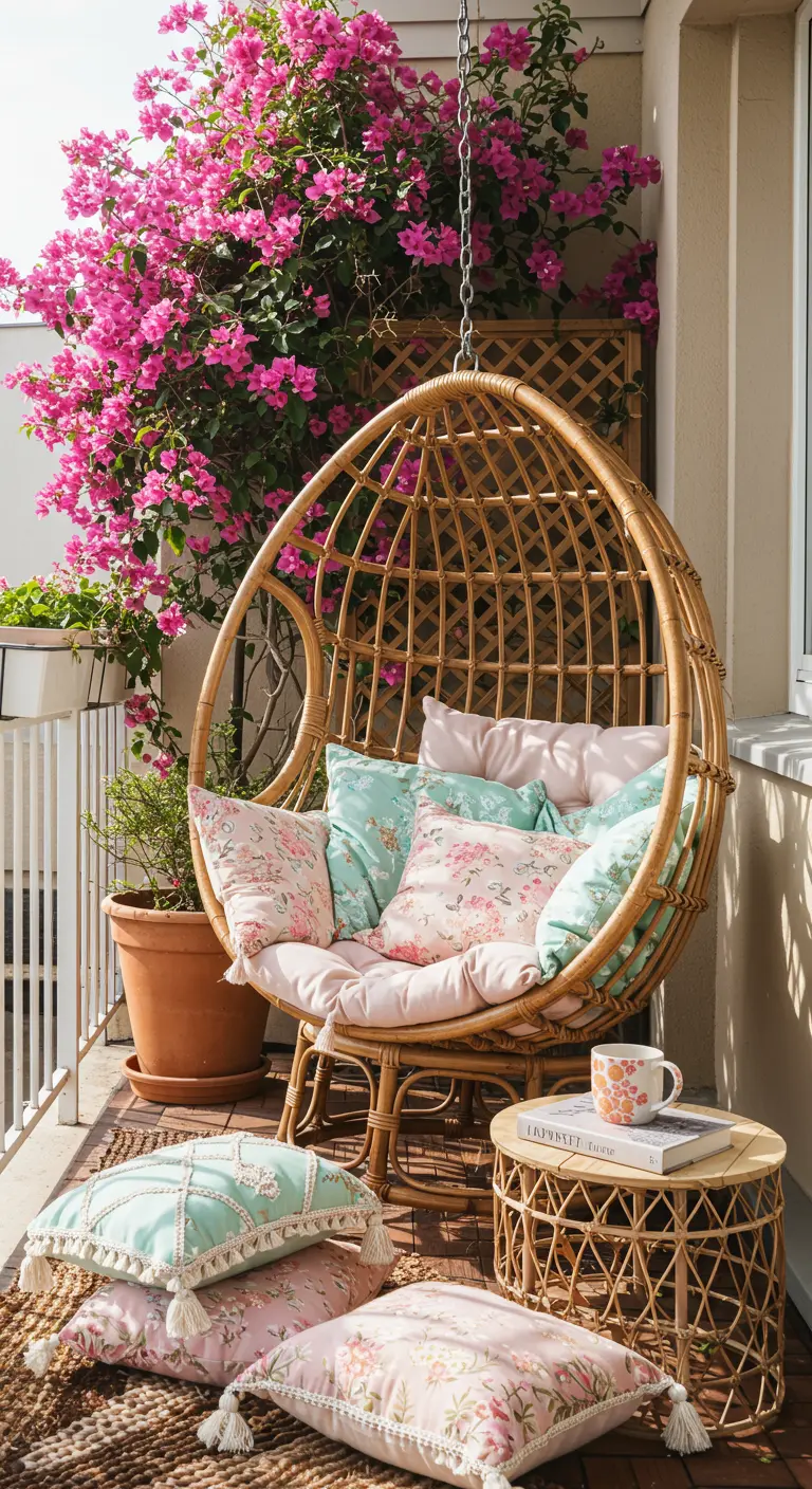 Silla colgante de mimbre con cojines florales en un balcón con buganvilla rosa.