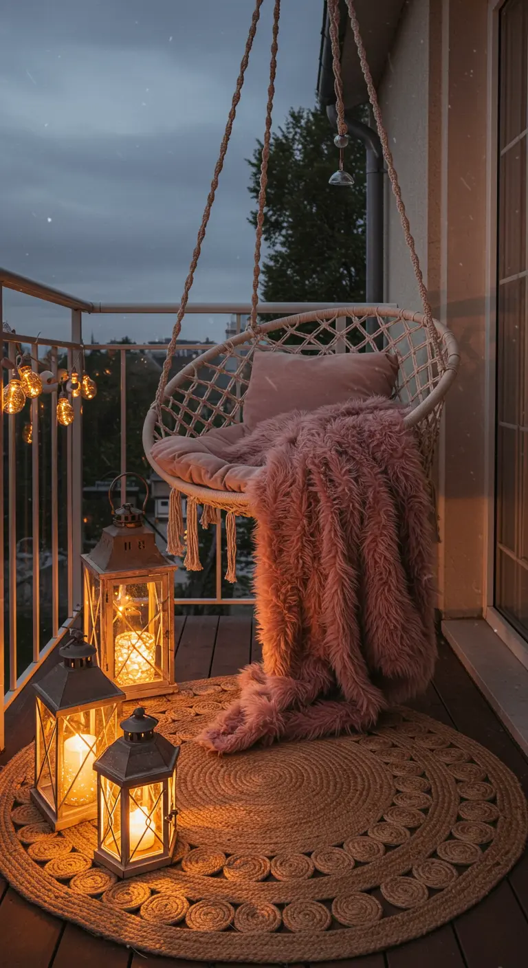 Silla colgante de macramé en un balcón, con manta de pelo rosa y farolillos en el suelo.