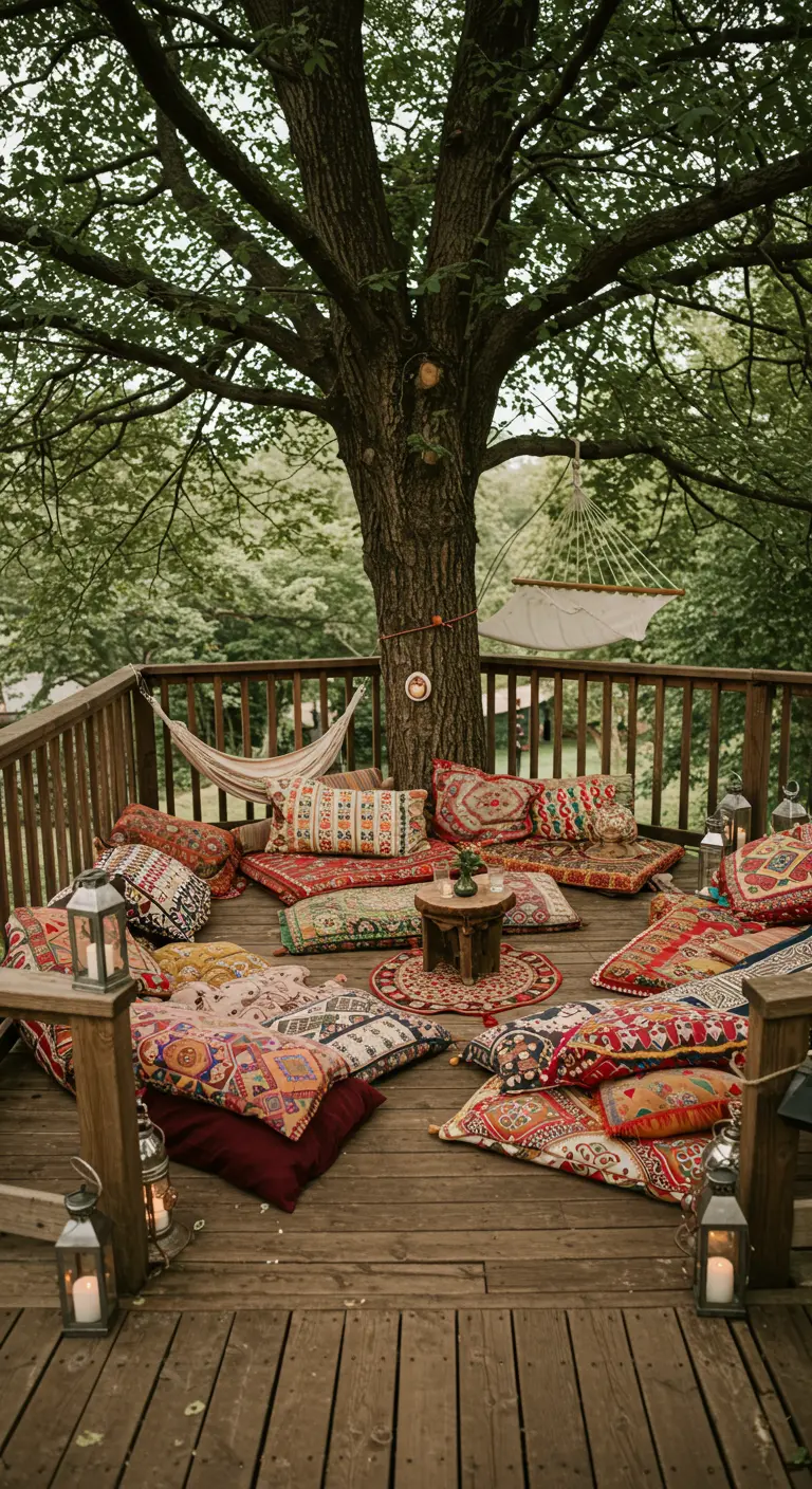 Terraza de madera en un árbol, cubierta de cojines coloridos de estilo kilim y farolillos.