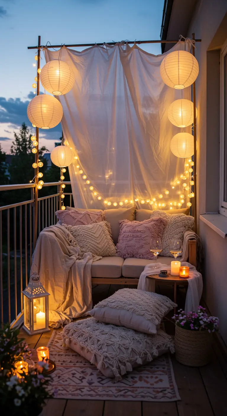 Balcón romántico con cortina de tela, luces de hadas y farolillos de papel.