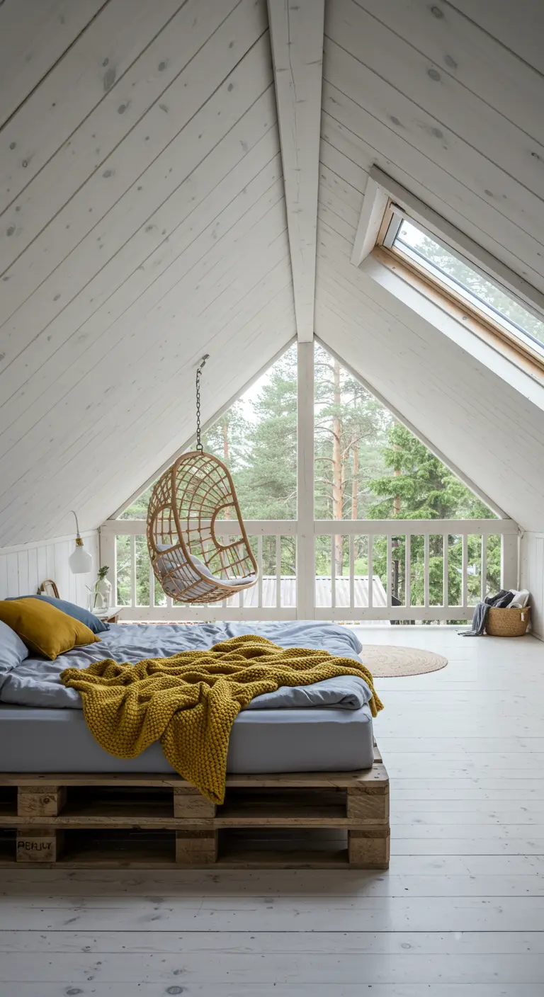Dormitorio en un ático blanco con cama de palets, manta amarilla y silla colgante.