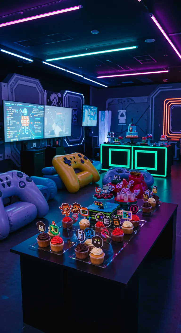 Fiesta de videojuegos con cupcakes, mandos gigantes y luces de neón.