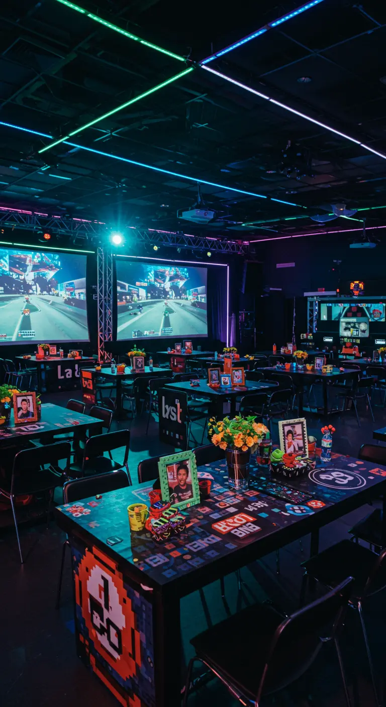 Mesas en una fiesta temática de videojuegos con fotos en marcos pixelados y luces de neón.