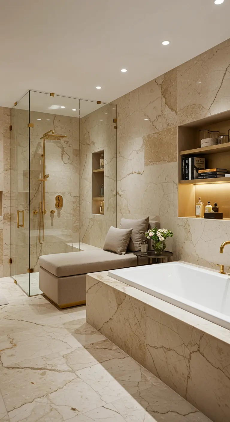Baño de lujo con paredes de mármol, ducha de cristal y una chaise longue tapizada en gris.