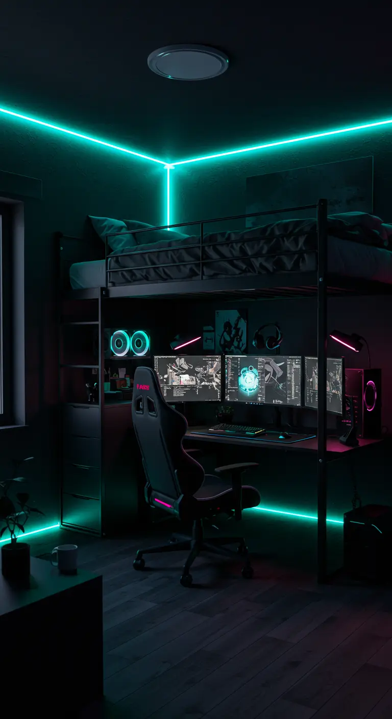 Dormitorio de gamer con una litera, un escritorio con múltiples monitores y luces LED turquesa.