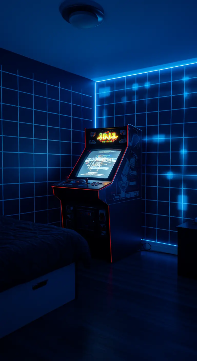 Habitación de los 80 con una máquina de arcade y una rejilla de luz de neón azul en la pared.