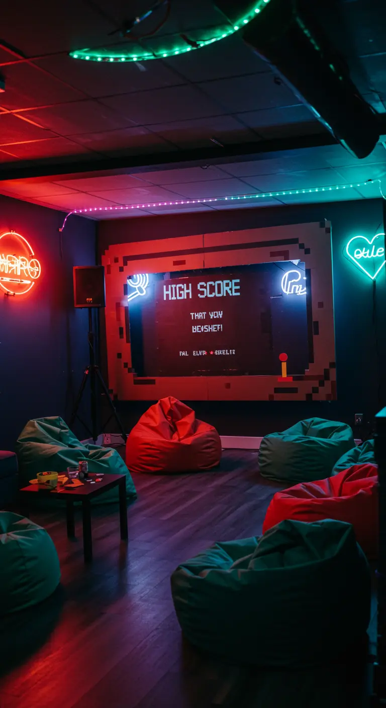 Photocall gigante con forma de pantalla de videojuego arcade retro con luces de neón y pufs.