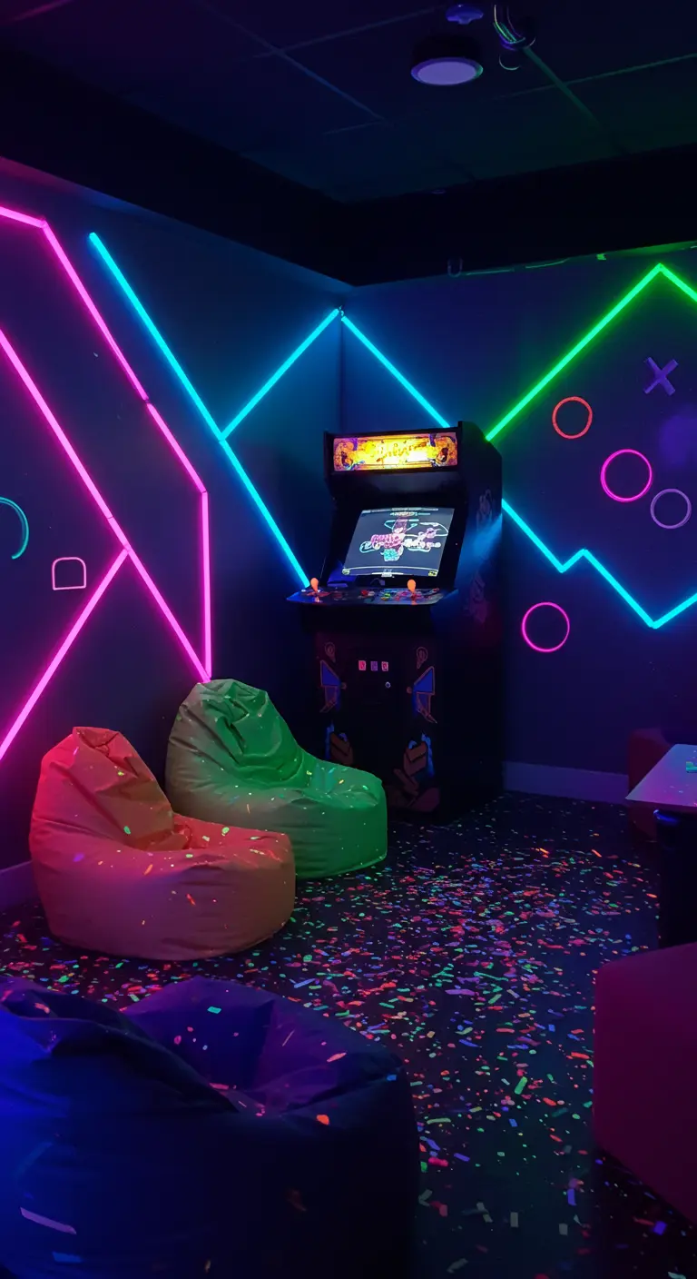 Sala de juegos arcade con luces de neón geométricas, pufs y confeti de colores.