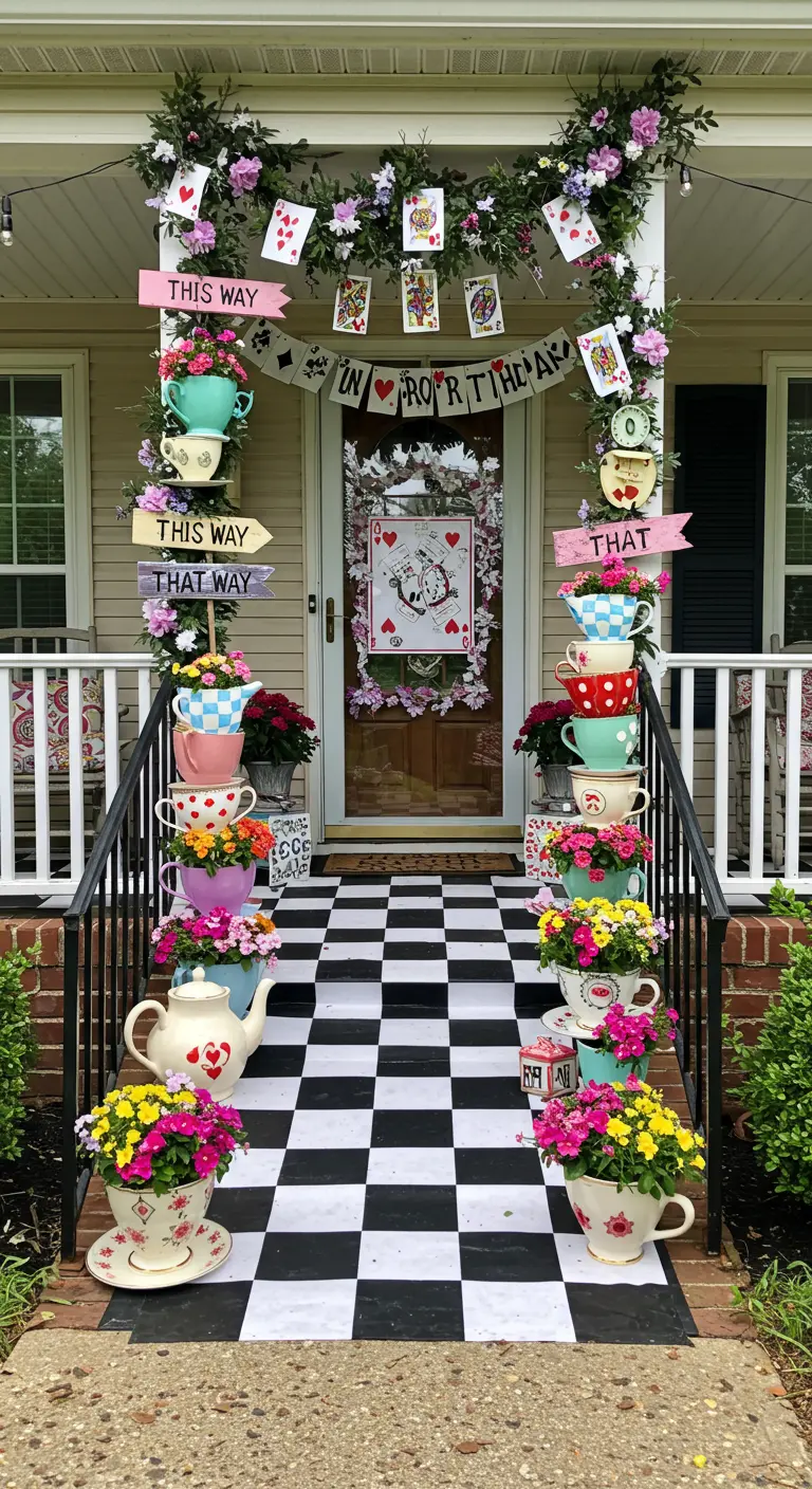 Porche temático de Alicia en el País de las Maravillas con tazas apiladas y suelo a cuadros.