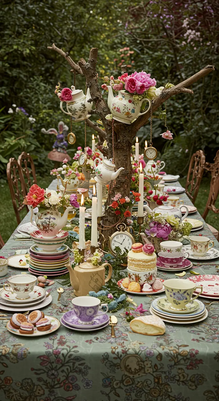 Mesa de fiesta en el jardín inspirada en Alicia en el País de las Maravillas, con relojes y teteras colgando.