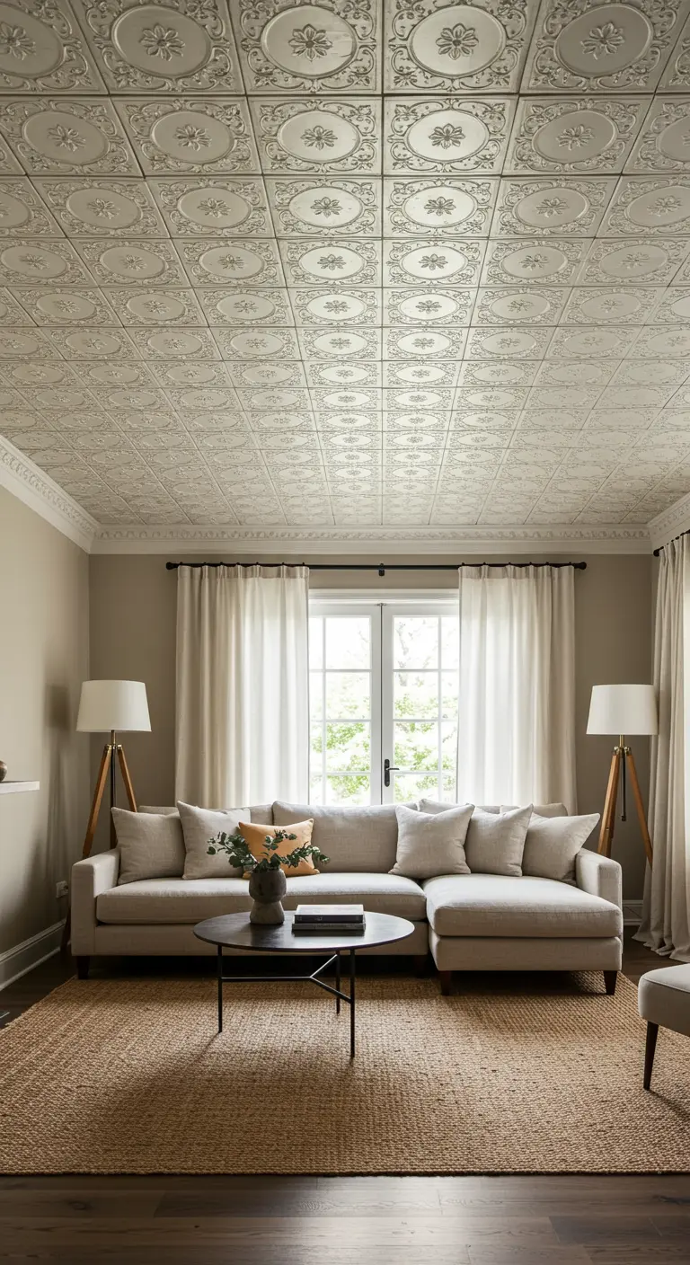 Sala de estar con un techo decorado con paneles de estaño prensado de color blanco.