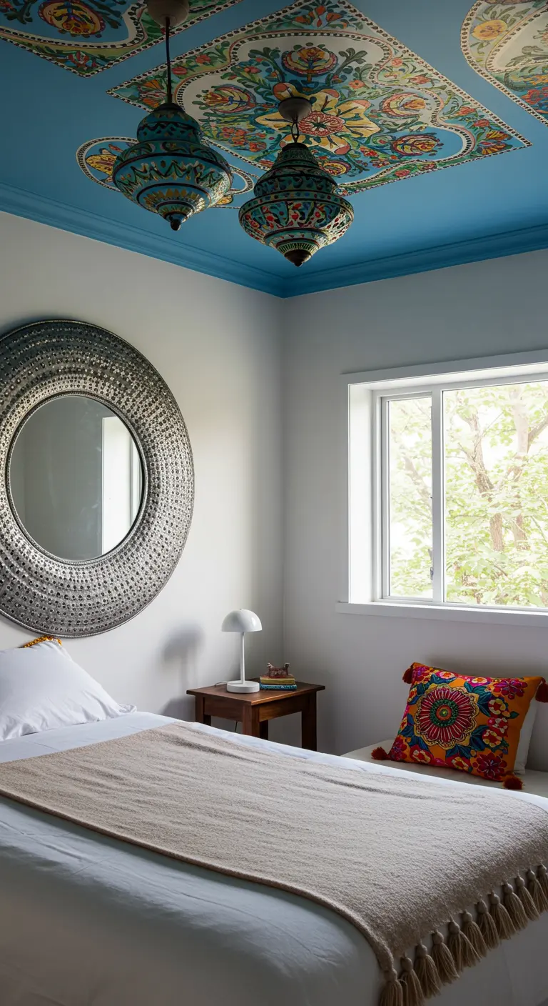 Habitación con techo pintado con patrones de colores, lámparas marroquíes y espejo de metal.