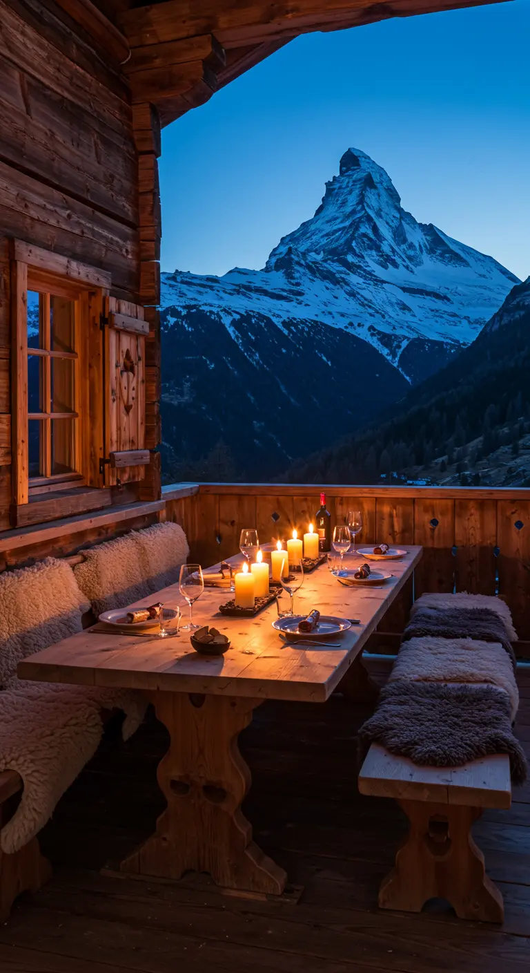 Balcón de un chalet de madera con mesa rústica, pieles de oveja y vistas a una montaña nevada.
