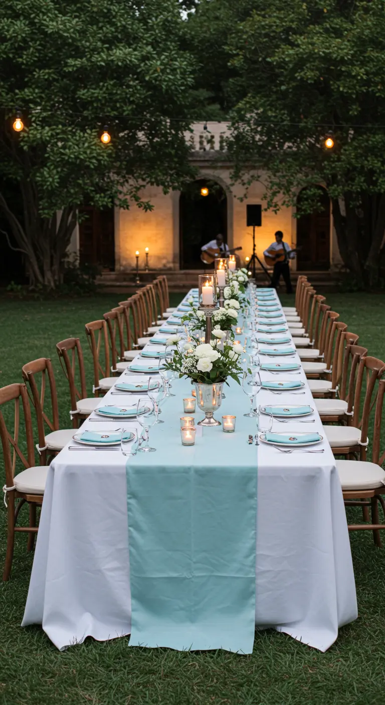 Larga mesa de jardín con mantel blanco, camino celeste y centros de mesa con velas.
