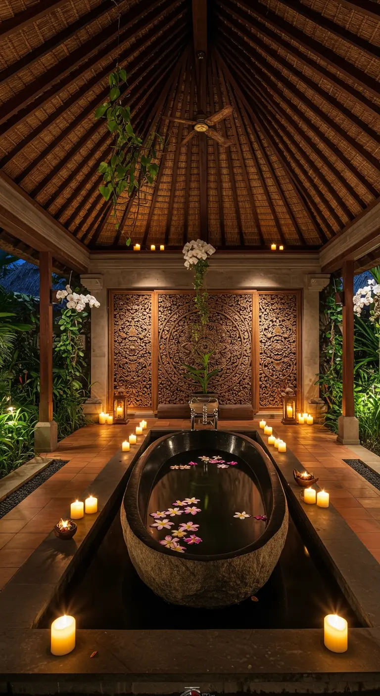 Spa balinés al aire libre con bañera de piedra negra y muchas velas encendidas