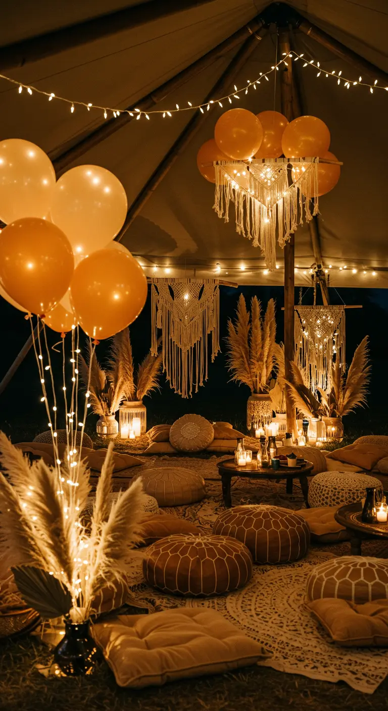 Ambiente de fiesta bohemio en una carpa con globos cálidos, cojines y luces.