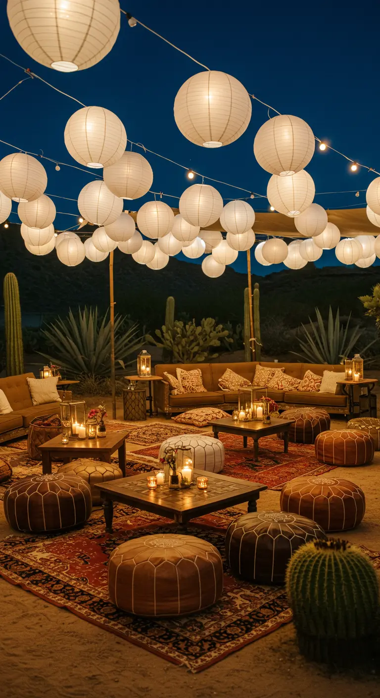 Zona lounge en el desierto con alfombras, pufs y lámparas de papel colgando.