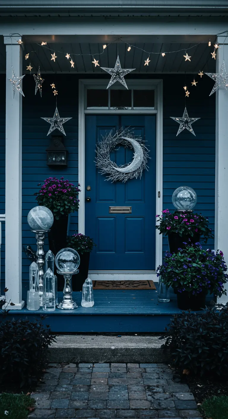 Porche azul con decoración celestial: estrellas colgantes, corona de luna y esferas de cristal.