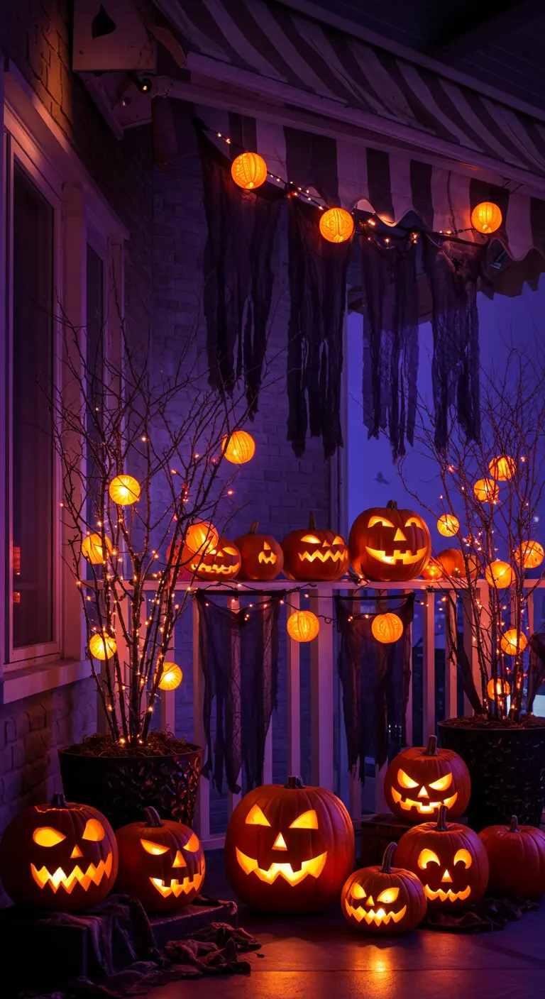 Balcón decorado para Halloween con muchas calabazas iluminadas, árboles de ramas secas y luces naranjas.