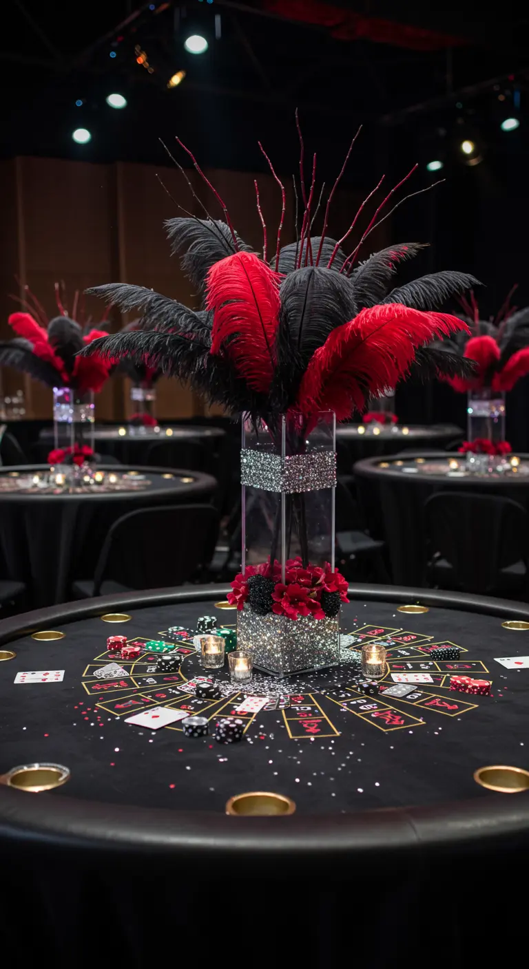 Centro de mesa de temática casino con plumas rojas y negras sobre una mesa de póker.