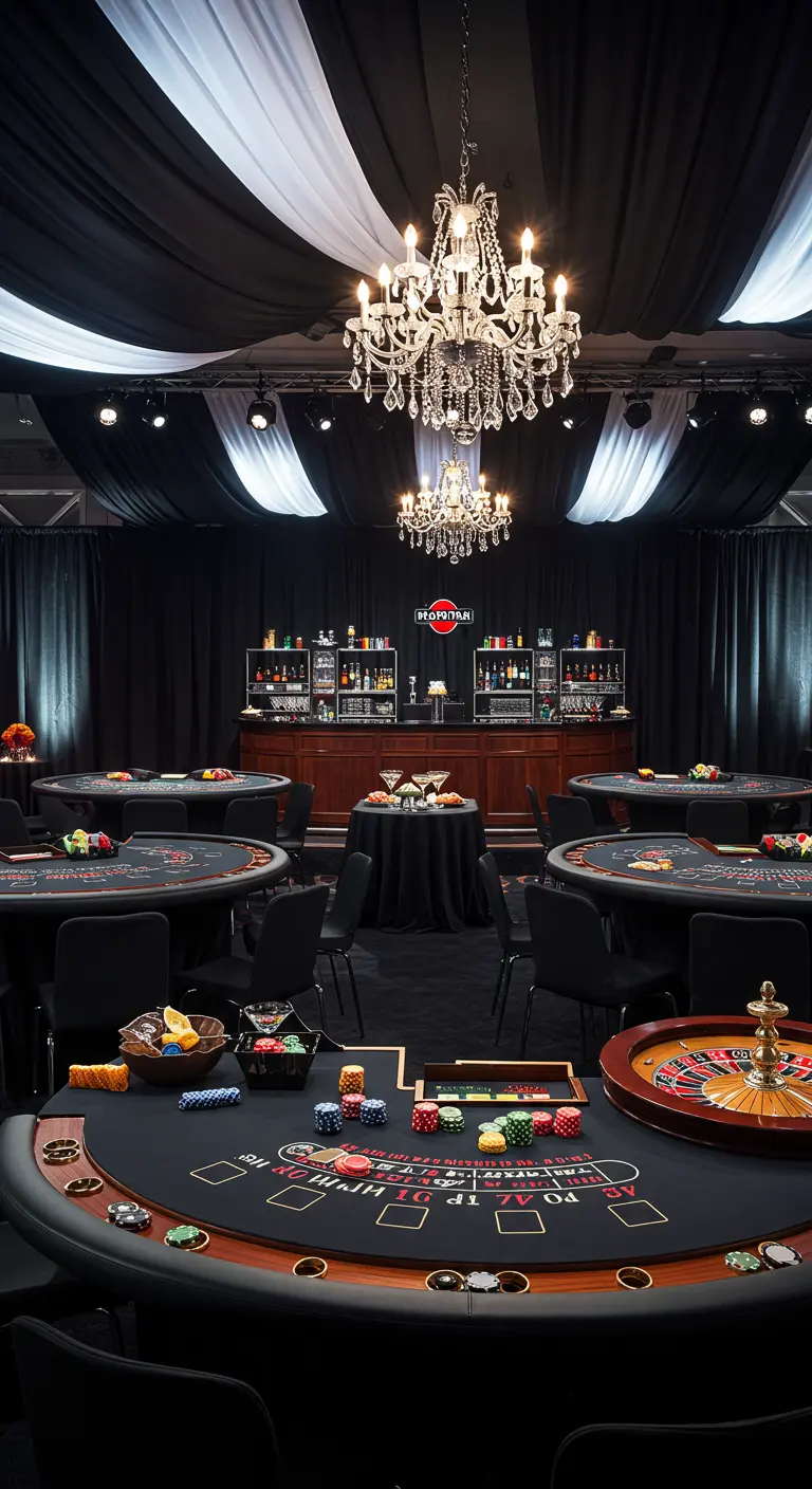 Salón de fiestas convertido en un casino con mesas de juego, una barra y decoración elegante.