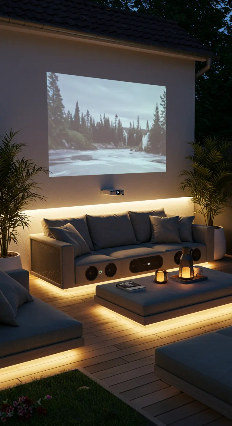 Terraza convertida en cine de verano con un proyector, un sofá cómodo y luces LED integradas
