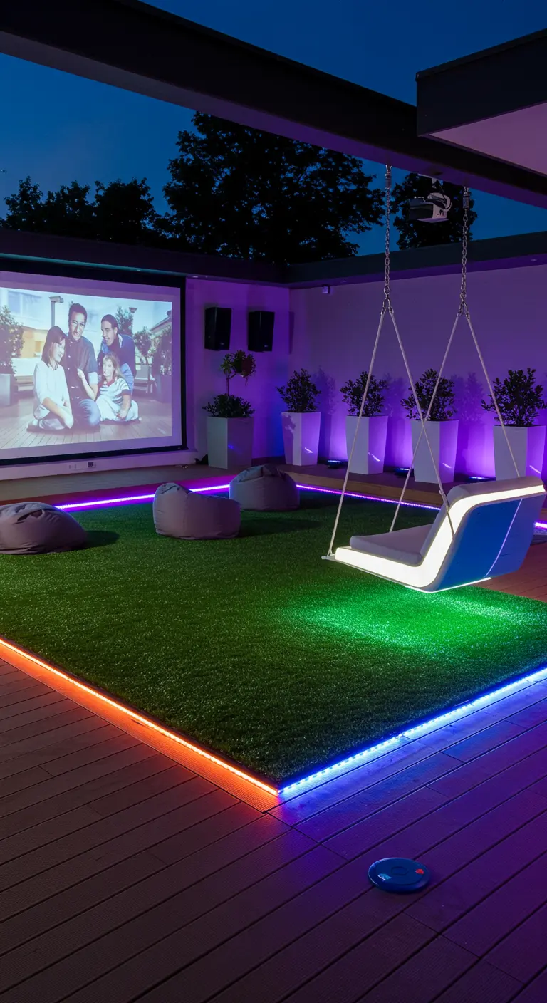 Terraza con cine al aire libre, proyector, pufs, y un columpio y césped iluminados con luces LED.