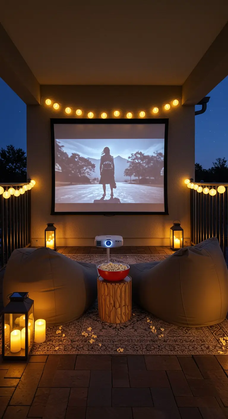 Cine al aire libre en un balcón con proyector, pantalla, pufs y palomitas.