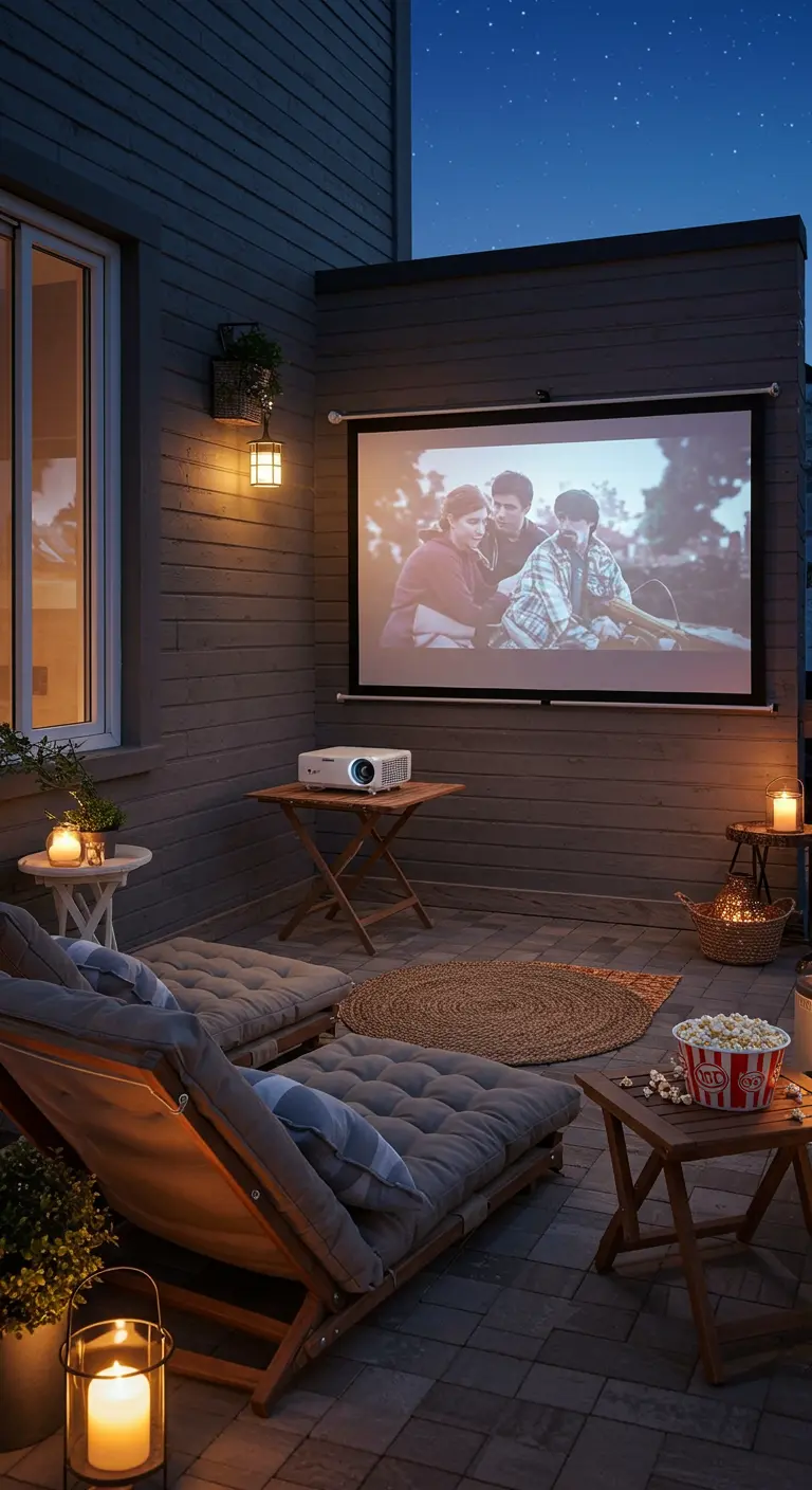Cine al aire libre en una terraza con proyector, tumbonas plegables y palomitas.