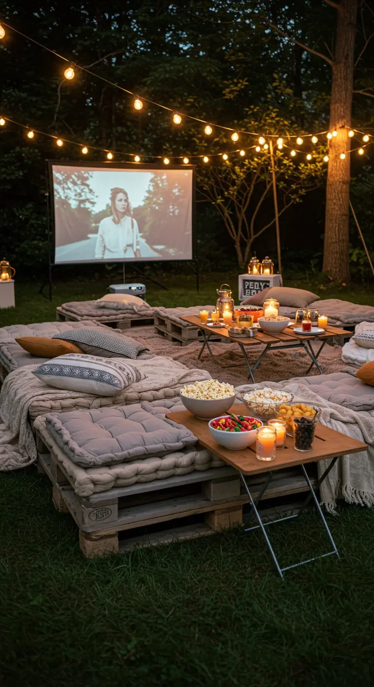 Cine al aire libre con asientos bajos de palets cubiertos de cojines y mantas frente a una pantalla.