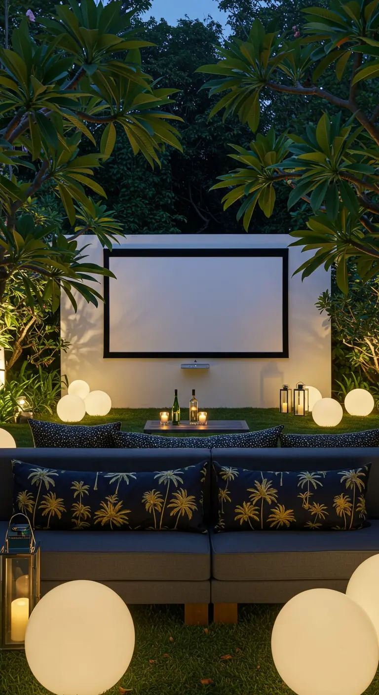 Jardín de noche acondicionado como cine al aire libre con cojines y luces esféricas.