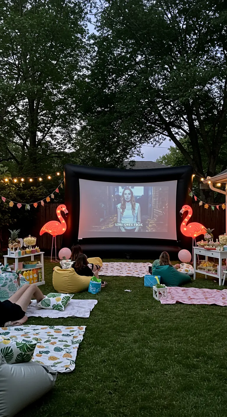 Cine al aire libre en un jardín con pantalla inflable y lámparas de flamencos.