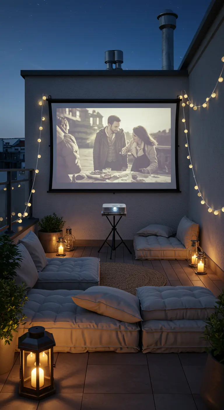 Cine al aire libre en una terraza con proyector, pantalla, cojines en el suelo y guirnaldas de luces.